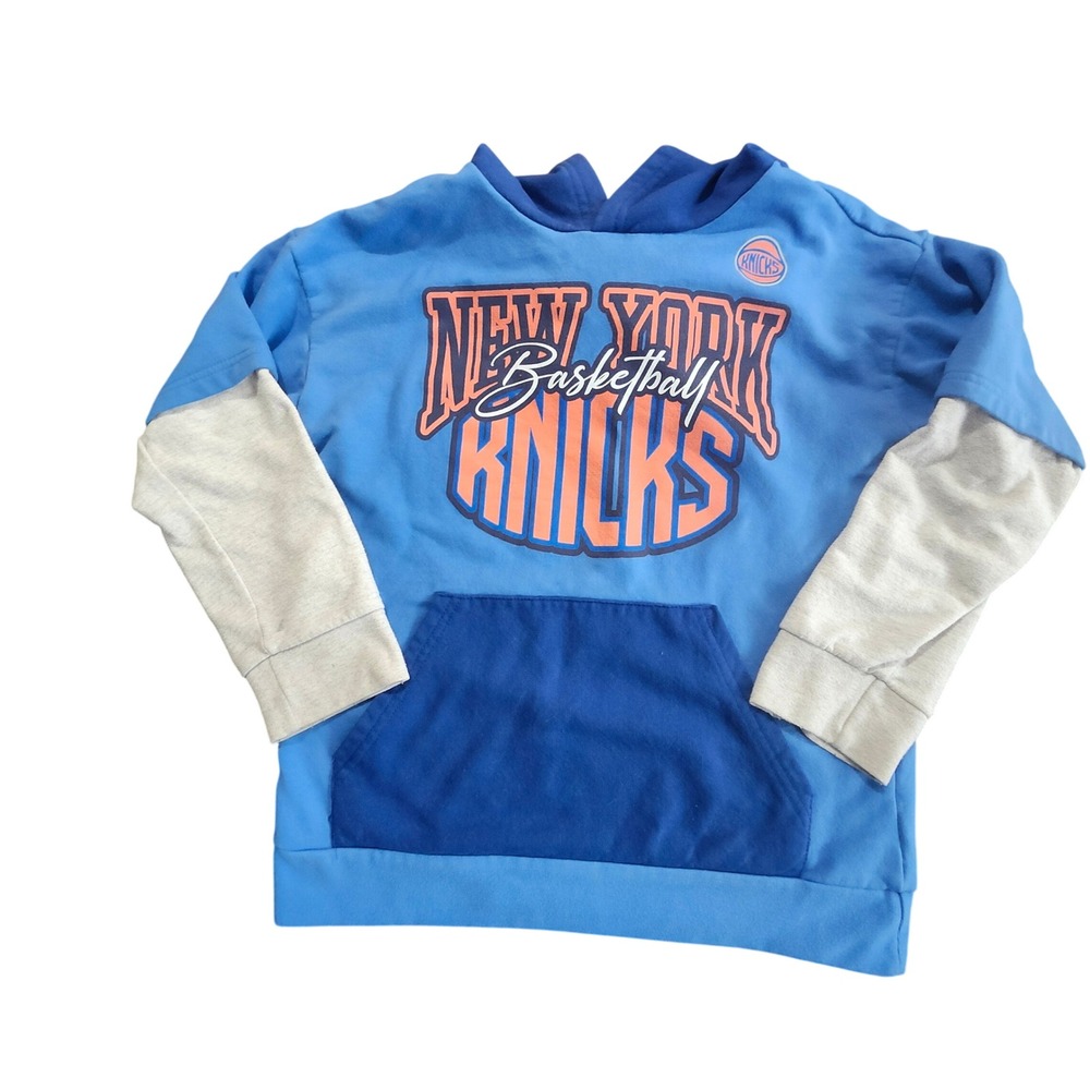 NBA New York Knicks Hoodie Kids Sz L 10-12 Double Long Sleeve Blue Gray Vintage
